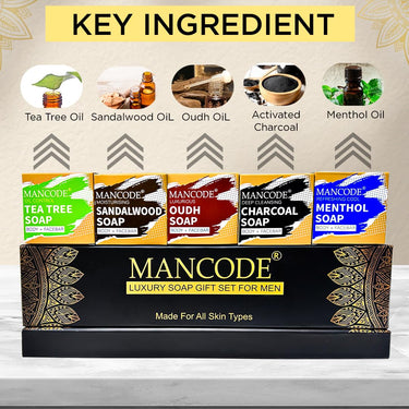 Mancode Luxury Soap Gift Set For Men Pack With 5 unique Soap Bars | Tea Tree, Sandalwood, Oudh, Activated Charcoal & Menthol | Daily Bathing Bar Soap For Men For All Skin Types. (Pack of 5) 625g